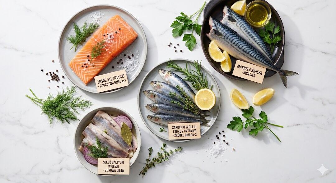 Kapsułki Omega-3 i witamina D3 obok naturalnych źródeł tych składników