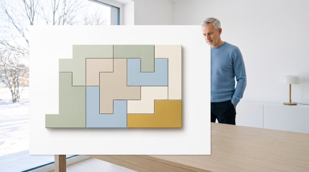 Siedem różnych geometrycznych modułów łączących się w jedną spójną, precyzyjnie dopasowaną konstrukcję