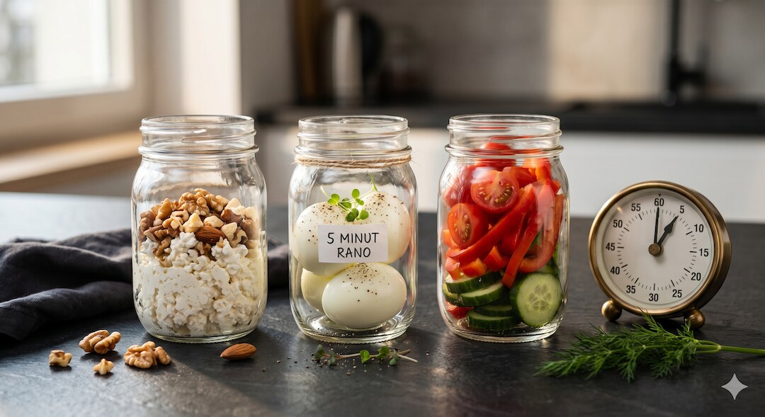 Meal prep śniadania białkowo-tłuszczowego w słoikach: twaróg, jajka i warzywa przygotowane wieczorem