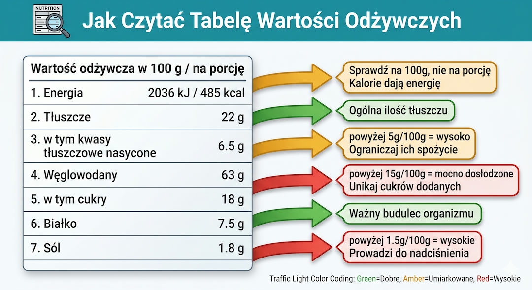 Infografika po polsku: tabela wartości odżywczej z objaśnieniami każdej pozycji – energia, tłuszcze nasycone, cukry, białko, sól – z polskimi opisami i kolorowymi znacznikami