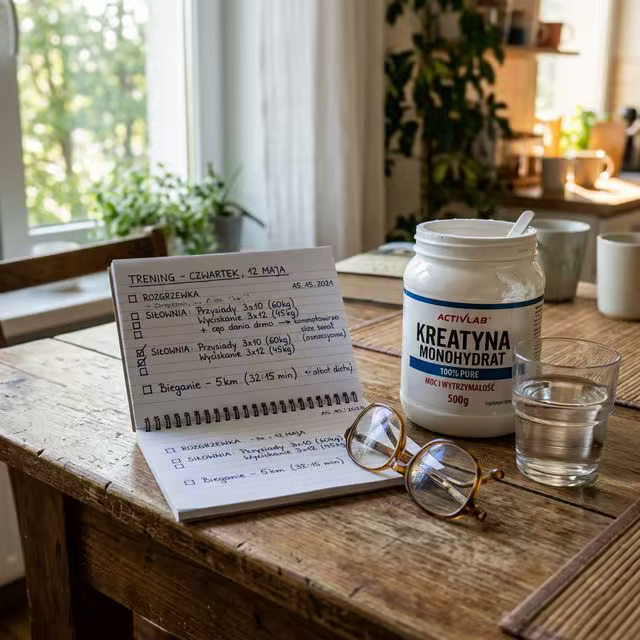Notatki treningowe, okulary do czytania i suplementy na stole - świadome podejście do formy