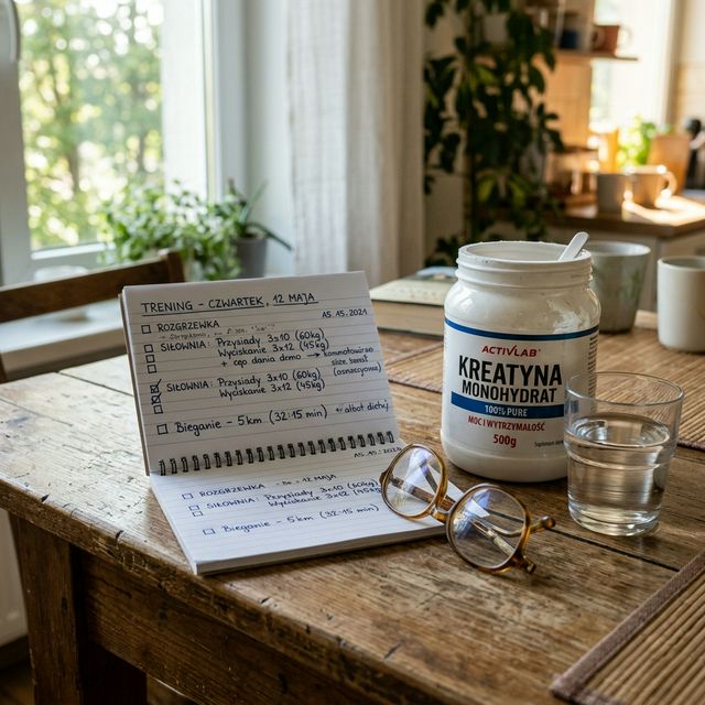 Notatki treningowe, okulary do czytania i suplementy na stole - świadome podejście do formy