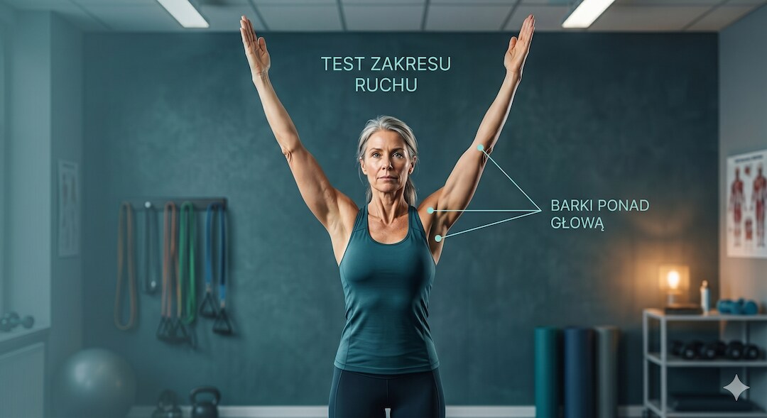 Kobieta po 50-tce wykonuje test zakresu ruchu barku, zdjęcie w stylu klinicznym z polskimi opisami