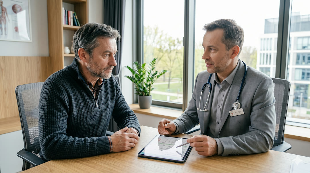 Mężczyzna po 50-tce konsultuje wyniki z lekarzem