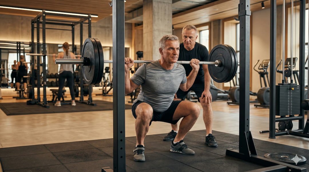 Trening siłowy mężczyzny po 50 z asekuracją trenera