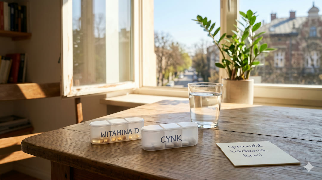 Pojemniki z witaminą D i cynkiem obok szklanki wody