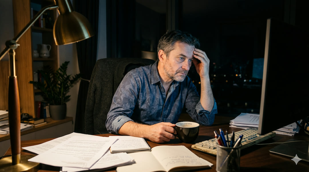 Zmęczony mężczyzna pracujący nocą przy biurku