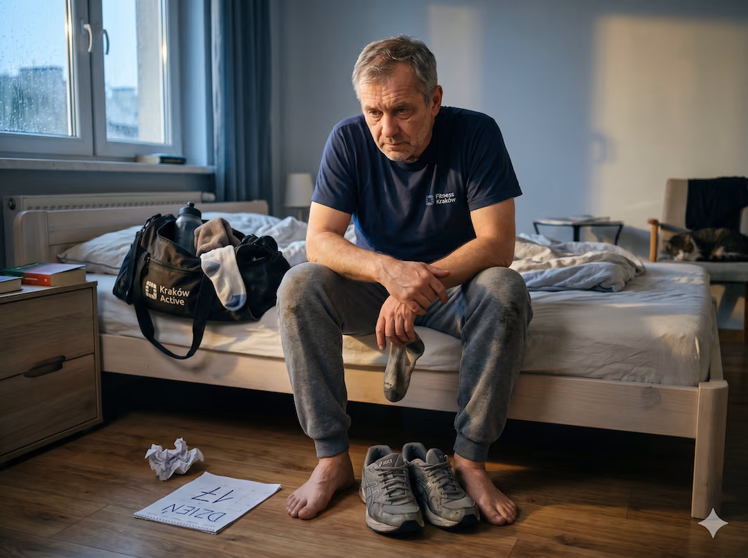 Polski mężczyzna po 50-tce siedzi na brzegu łóżka w stroju do ćwiczeń, patrzy na buty — dzień 17 nowego nawyku