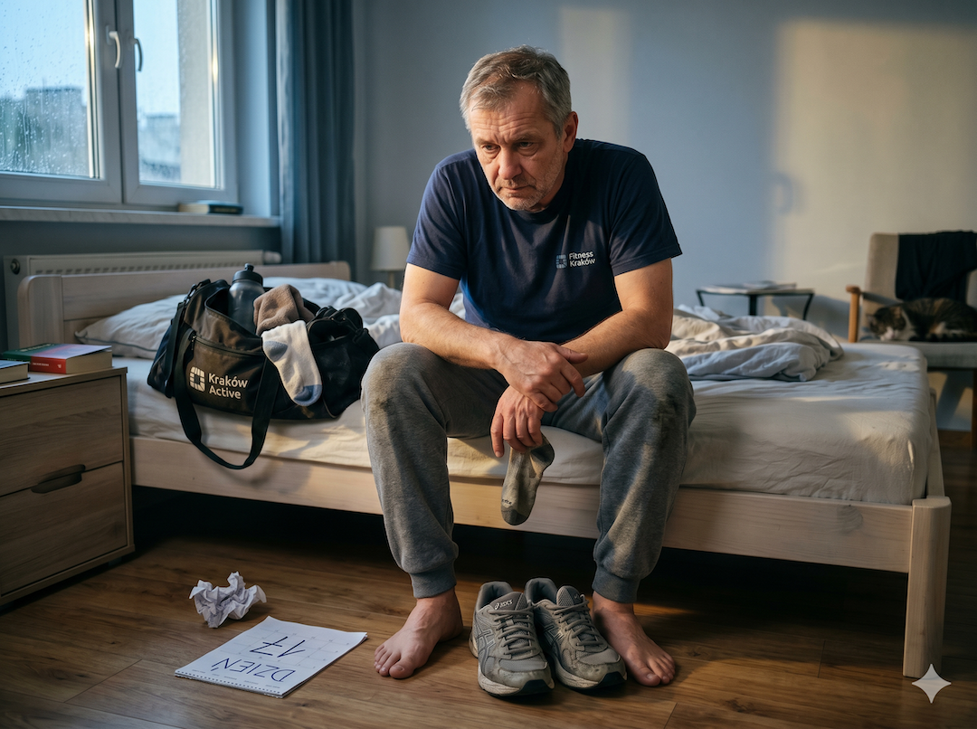 Polski mężczyzna po 50-tce siedzi na brzegu łóżka w stroju do ćwiczeń, patrzy na buty — dzień 17 nowego nawyku
