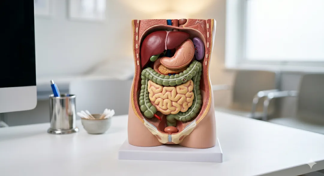 Anatomiczny przekrój brzucha pokazujący tłuszcz trzewny