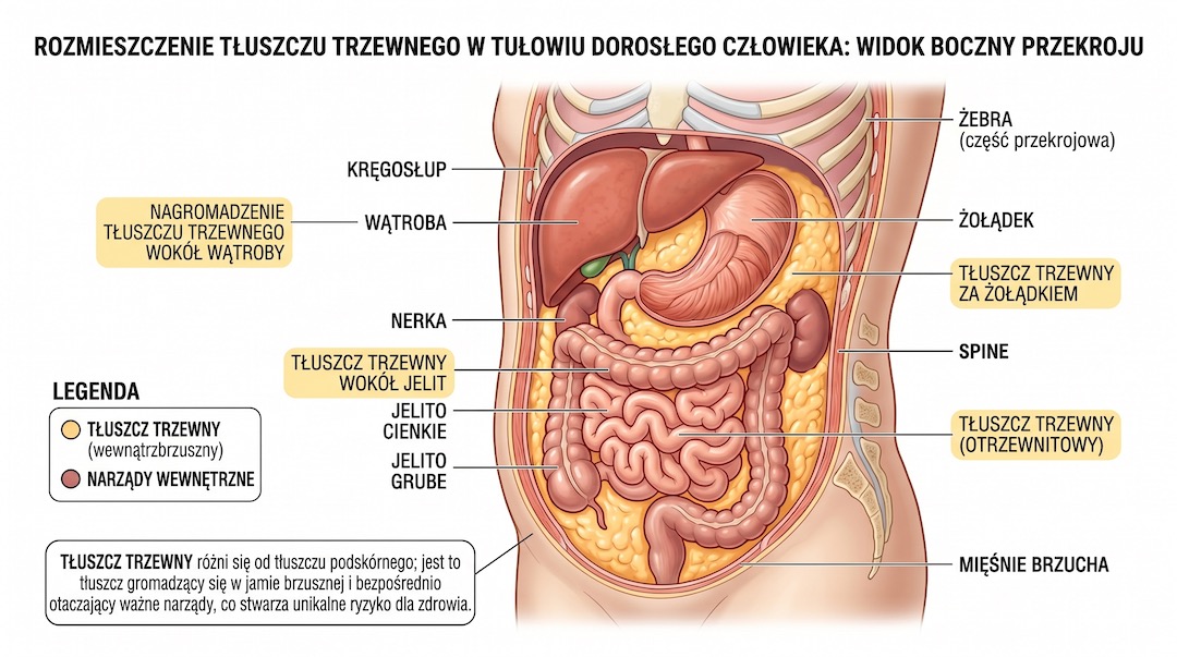 Mężczyzna po 50-tce mierzy obwód talii centymetrem, skupiona mina