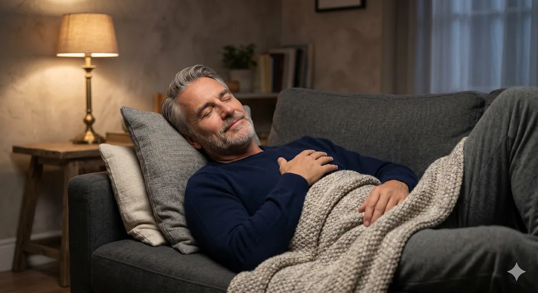 Mężczyzna śpiący spokojnie na kanapie