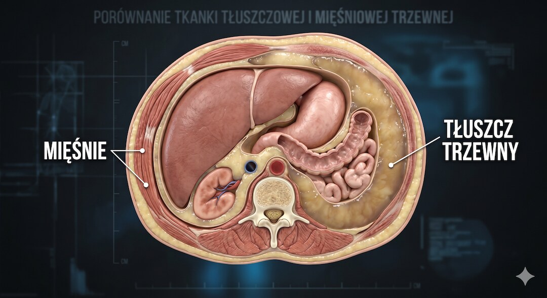 Porównanie przekroju brzucha z dużą ilością tłuszczu trzewnego i z mięśniami, polskie opisy