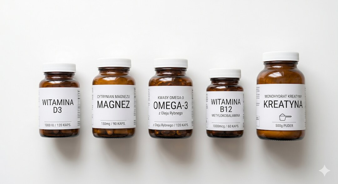 Pięć suplementów D3 magnez omega-3 B12 kreatyna ułożonych na białym stole z polskimi etykietami