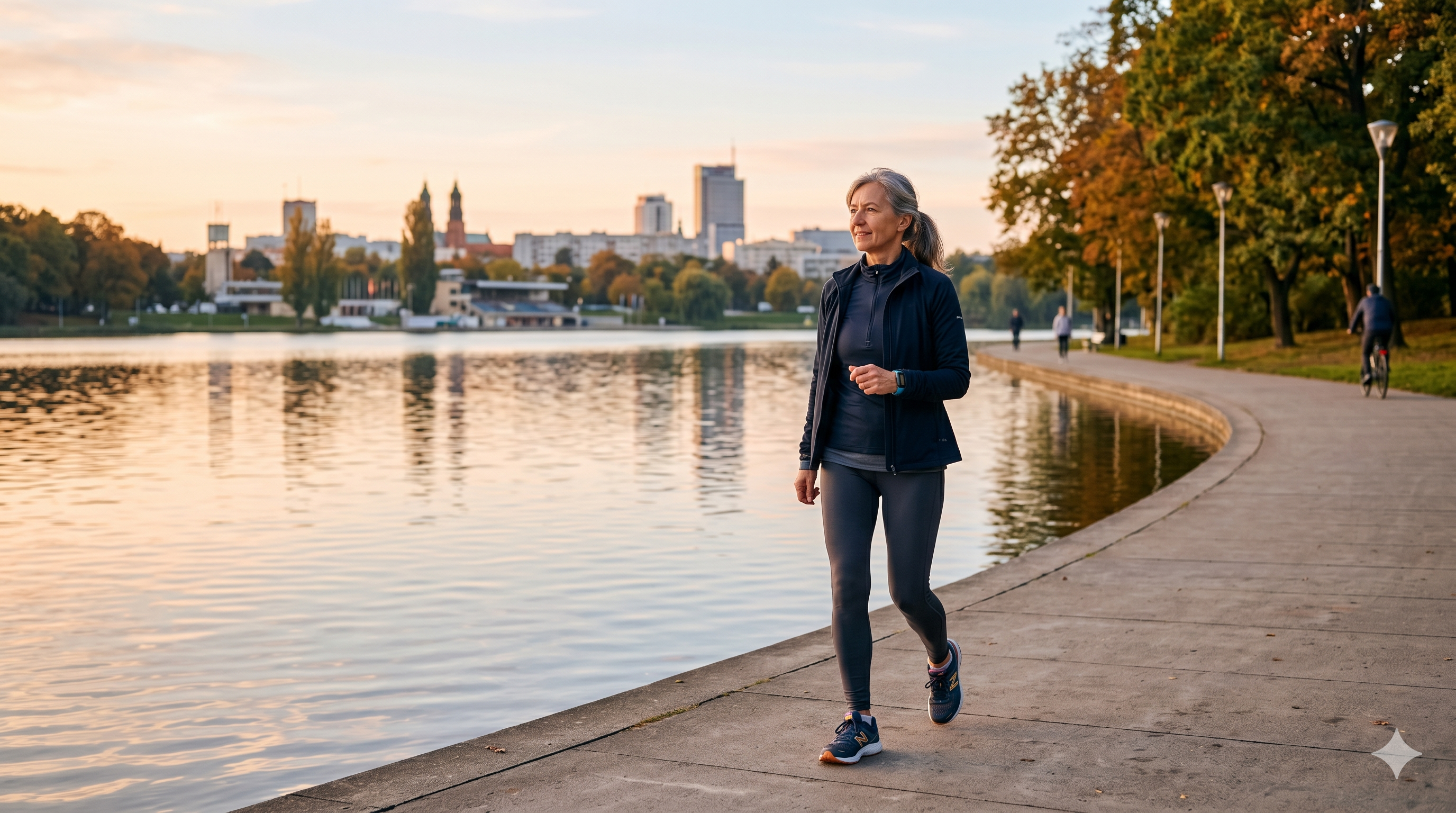 Szybki marsz nad jeziorem jako trening cardio po 50-tce