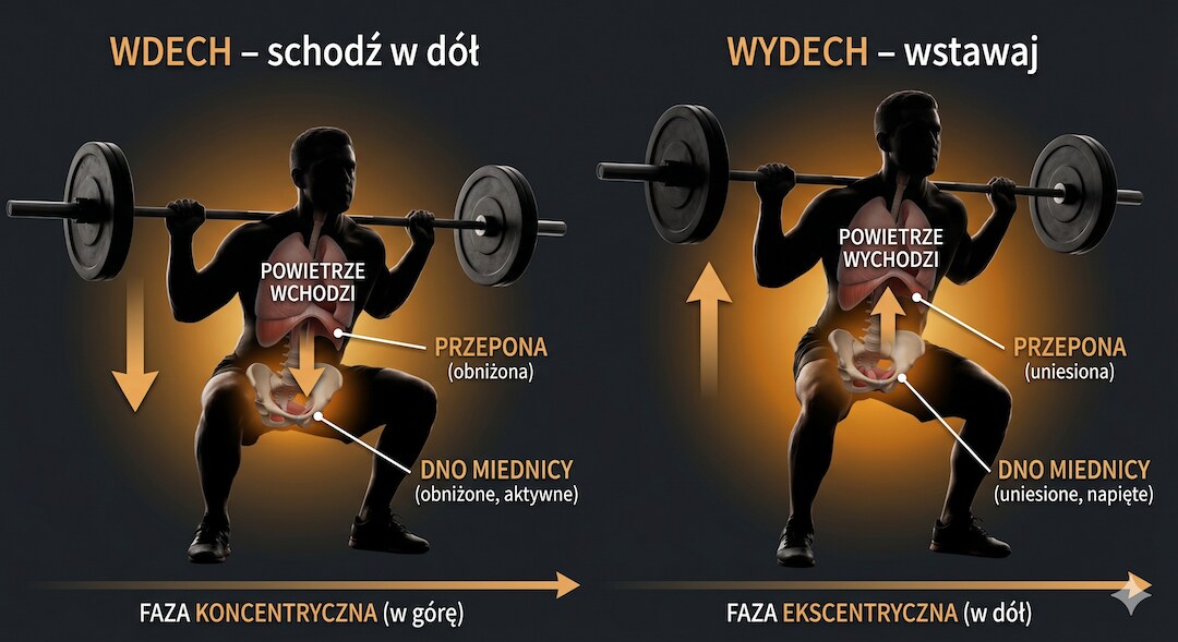 Schemat prawidłowego oddechu podczas treningu siłowego z opisami: wdech–wydech, fazy ćwiczenia