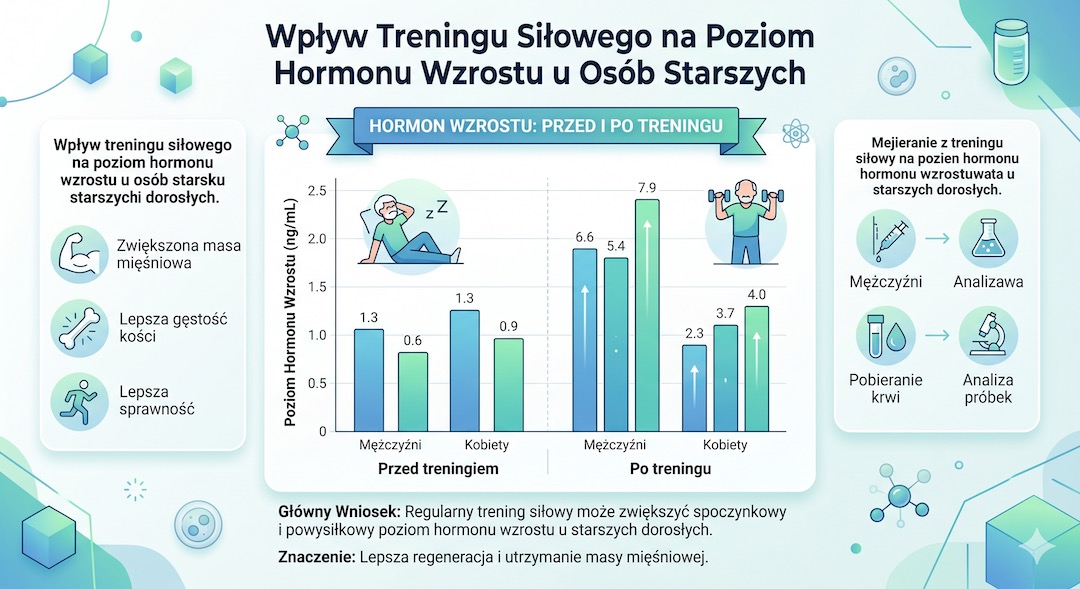 Infografika przedstawiająca poziomy hormonu wzrostu przed i po treningu siłowym u os&oacute;b starszych