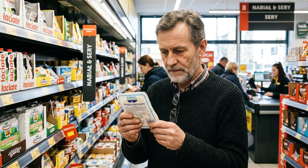 Człowiek w sklepie czyta etykietę produktu z lupą w dłoni
