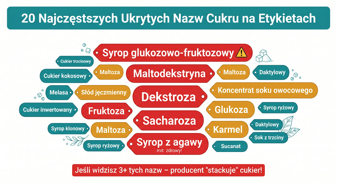 Infografika po polsku: 20 najczęstszych ukrytych nazw cukru na etykietach – z kolorowymi tagami i przykładami produktów, w których je znajdziesz