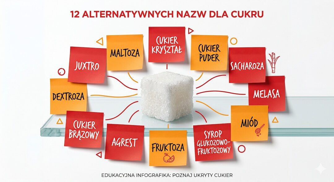 Tablica z listą 20 nazw ukrytego cukru na etykietach żywności