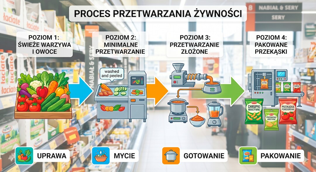 Schemat klasyfikacji NOVA dla żywności — od nieprzetworzonej do ultraprzetworzonej