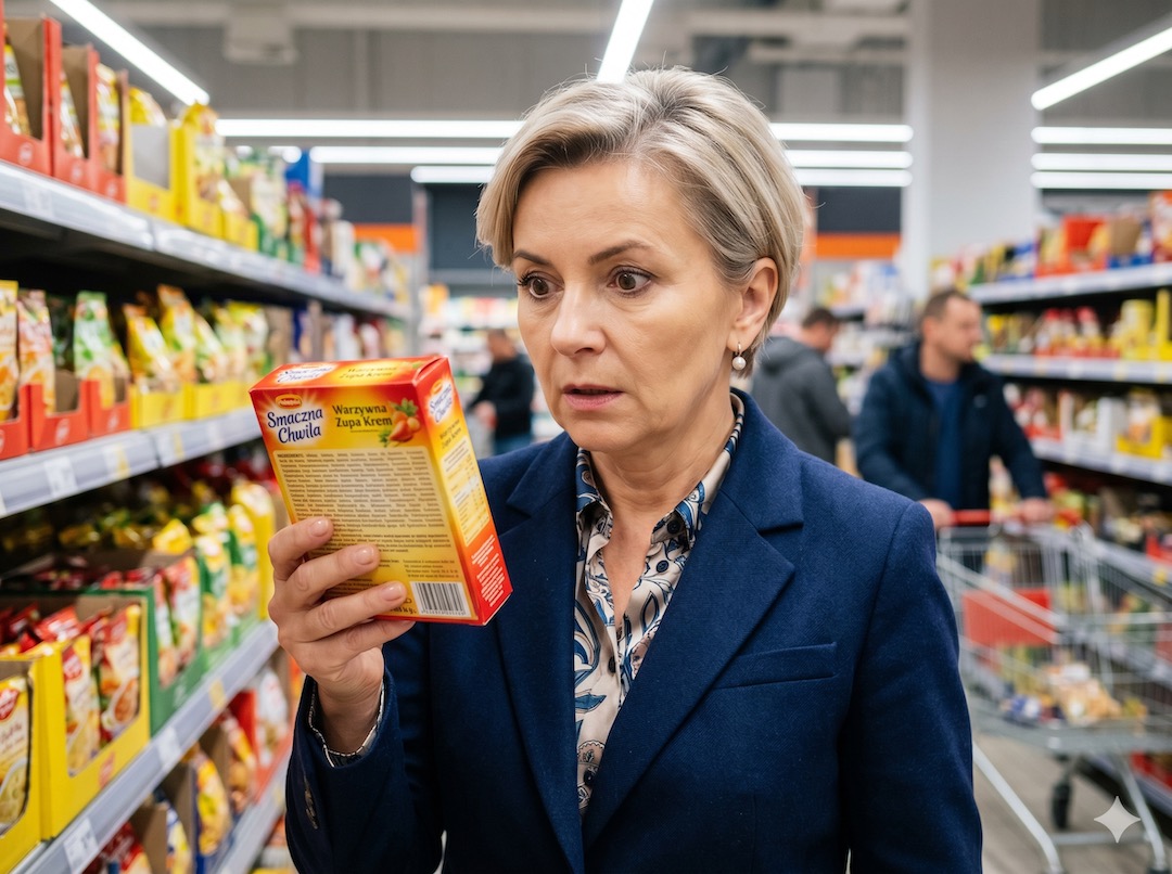 Osoba po 50-tce czytająca z uwagą etykietę produktu w sklepie