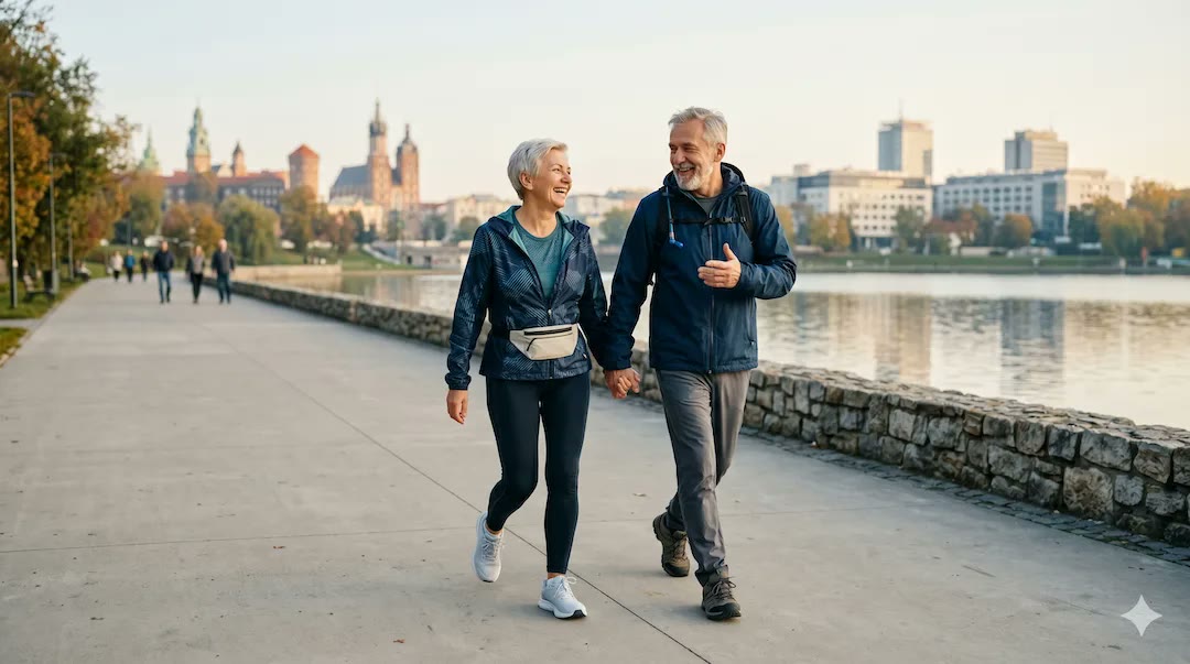 Para po 50-tce idzie szybkim marszem nad wodą