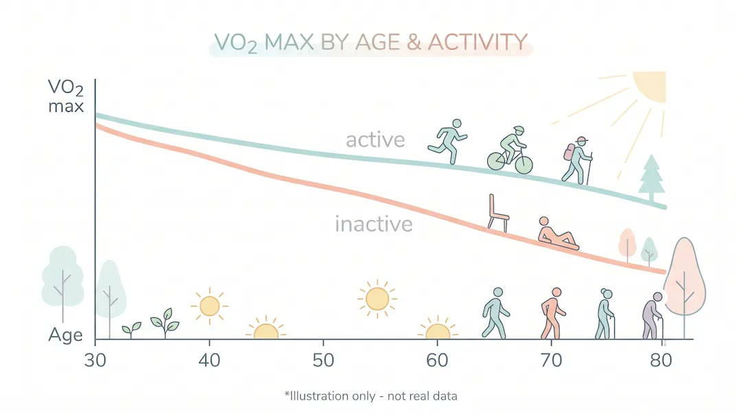 Krzywa pokazująca zmiany VO2 max z wiekiem dla osób aktywnych i nieaktywnych