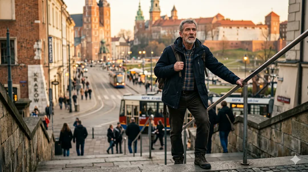 Mężczyzna po 50-tce wchodzi po schodach w centrum miasta