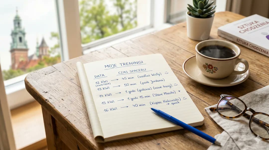 Notatnik z planem spacerów i kawą na stole
