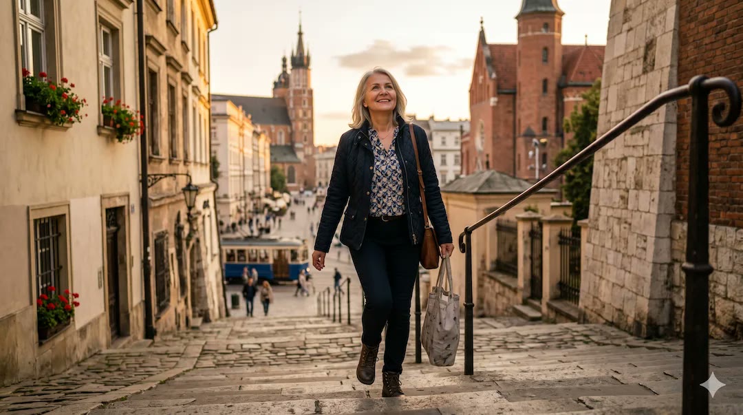 Kobieta po 50-tce wchodzi po schodach w mieście