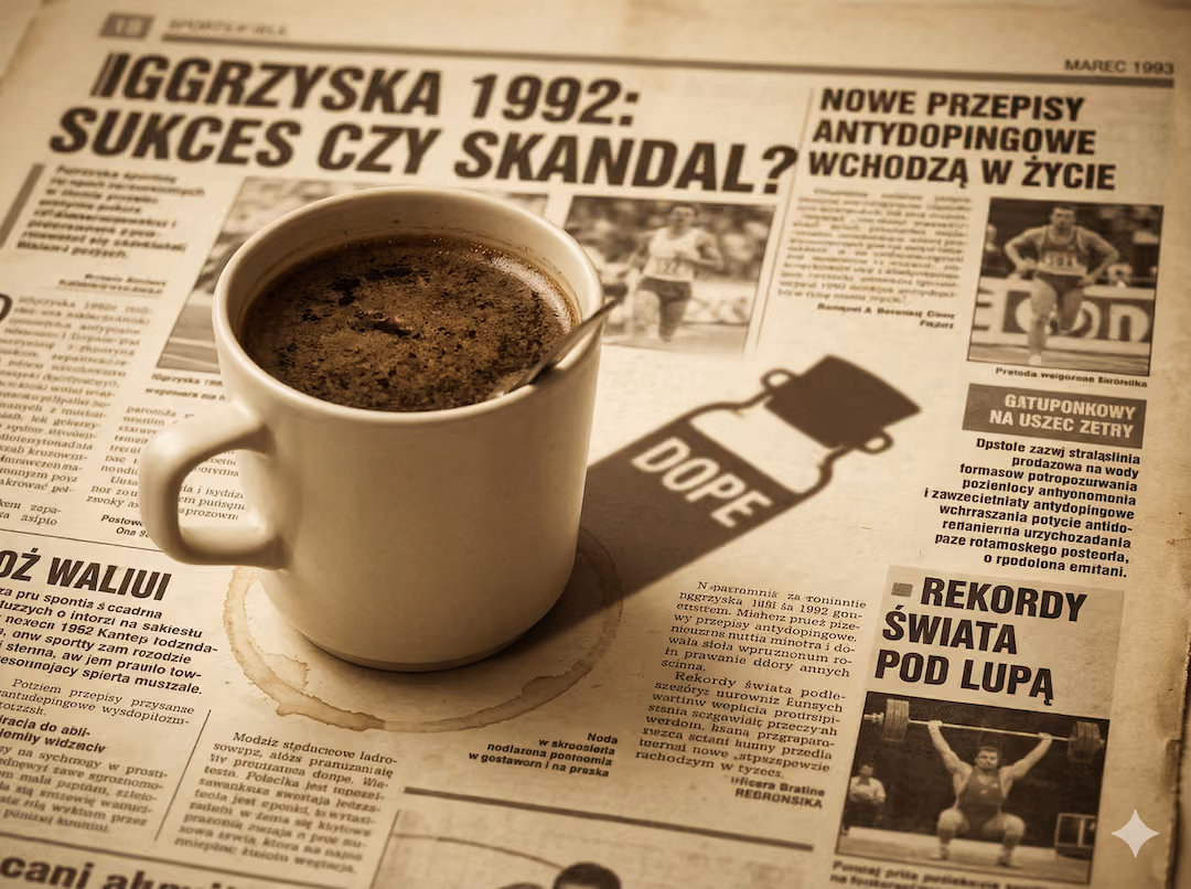 Filiżanka kawy spoczywająca na historycznym dokumencie sportowym
