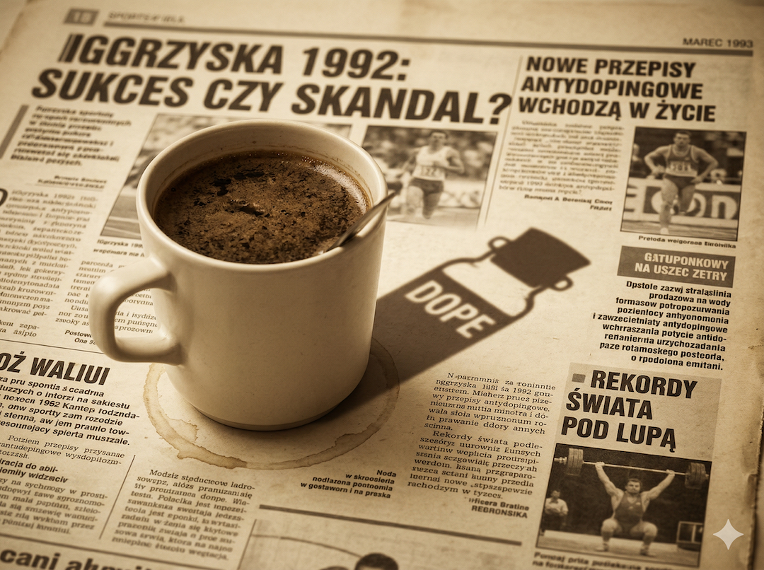 Filiżanka kawy spoczywająca na historycznym dokumencie sportowym