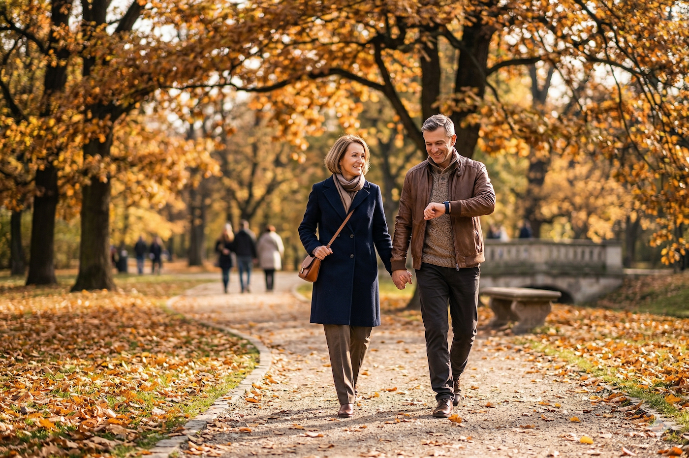 Para po 50-tce na spacerze w parku po posiłku, smartwatch pokazuje tętno i napis o redukcji skoku cukru