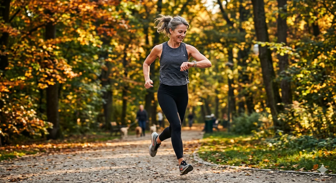 Kobieta po 50-tce biega w parku sprawdzając moc na Apple Watch