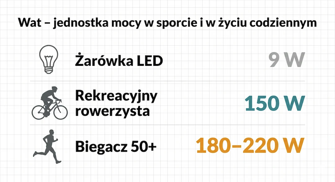 Infografika porównująca moc żarówki, rowerzysty i biegacza