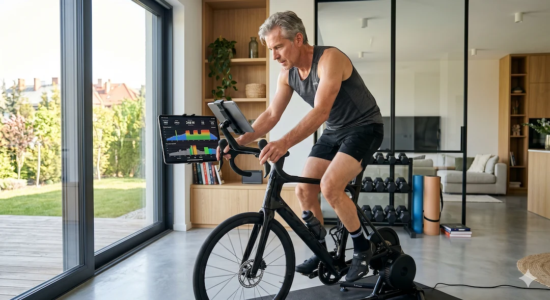 Mężczyzna ćwiczący na rowerze stacjonarnym w domu