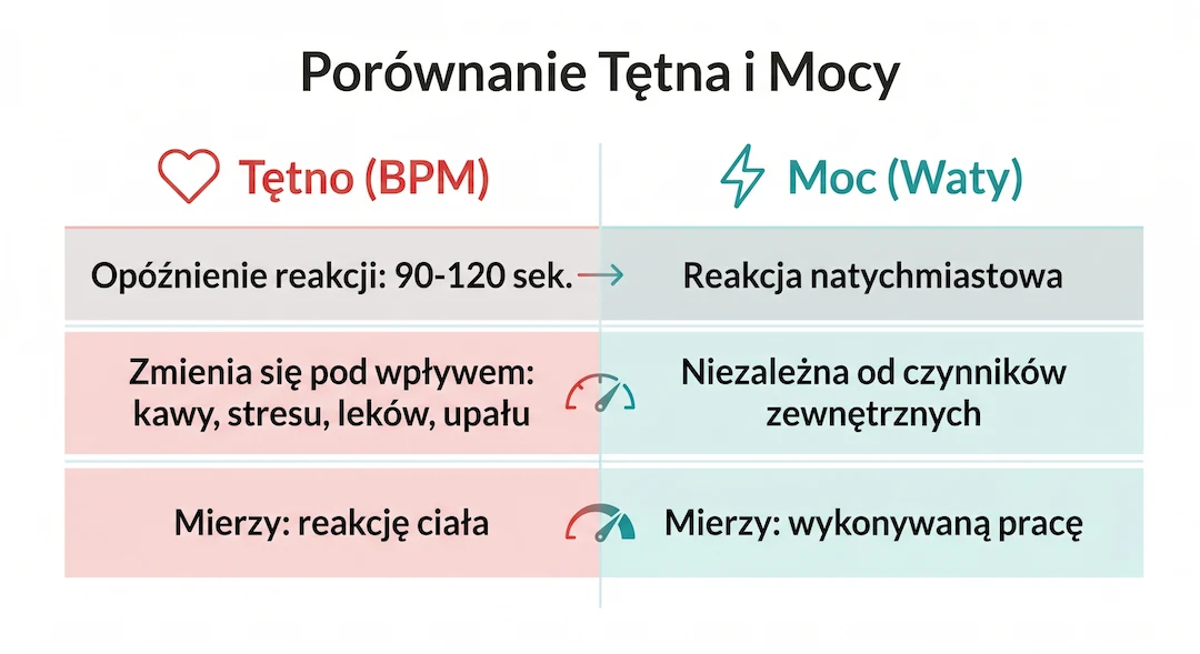 Infografika porównująca tętno i moc w watach