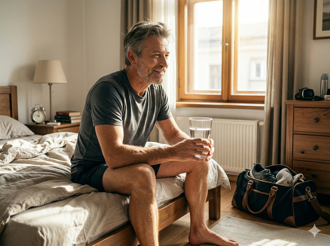 Polski mężczyzna po 50-tce w sobotni poranek — szklanką wody w ręku, torba na siłownię w tle