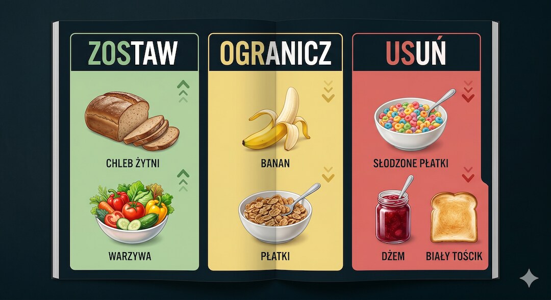 Infografika: które węglowodany zostawić, ograniczyć lub usunąć ze śniadania po 50. – lista z ikonami produktów