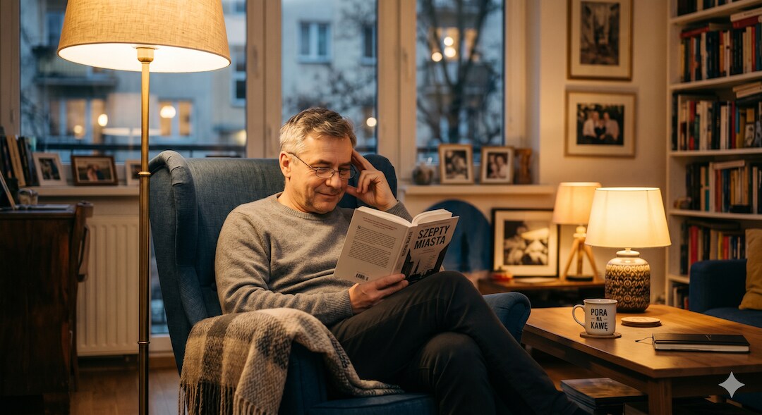 Mężczyzna po 50-tce czytający książkę przy ciepłej lampce w przytulnym mieszkaniu, wieczór