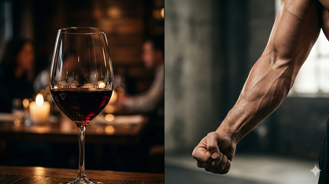 Kieliszek czerwonego wina obok napiętego przedramienia — symbol wyboru między przyjemnością a regeneracją mięśni