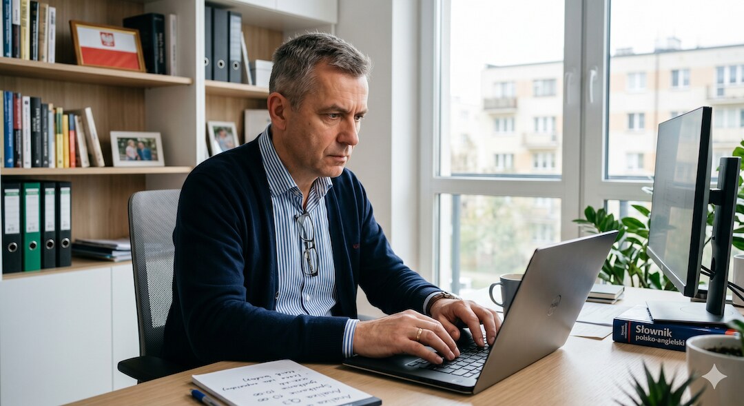 Skupiony Polak po pięćdziesiątce pracujący przy laptopie z pełną energią w domu