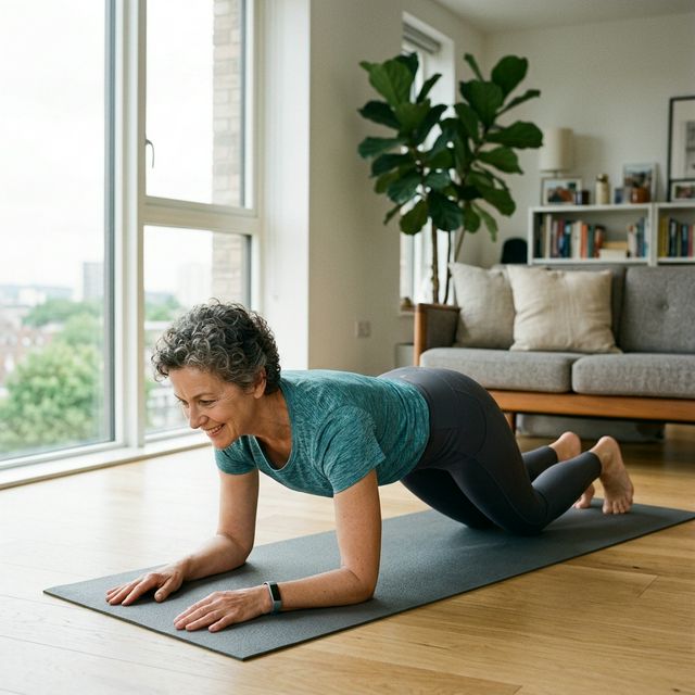 Kobieta 50+ wykonuje ćwiczenie bird-dog, stabilizując kręgosłup po dyskopatii