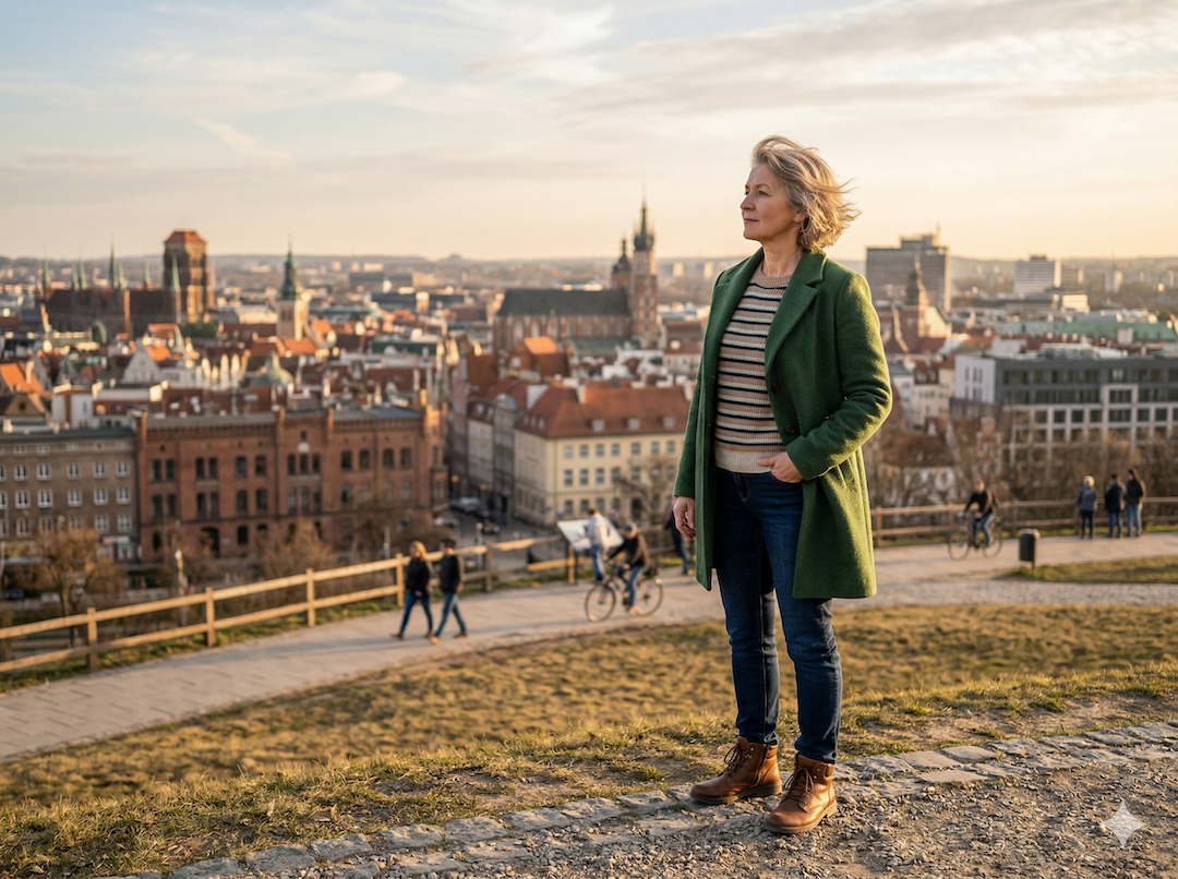Kobieta po 50-tce stoi na szczycie wzniesienia i patrzy na miasto — perspektywa i wybór