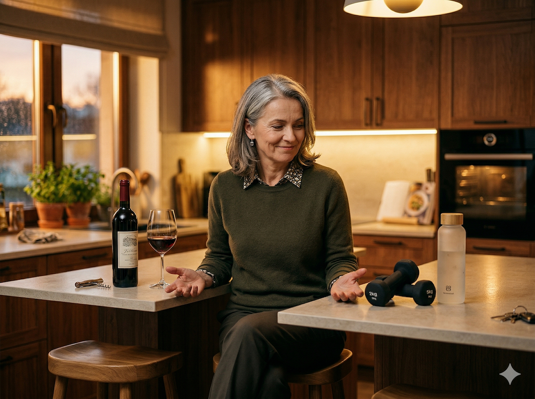 Polska kobieta po 50-tce przy kuchennej wyspie z winem po jednej stronie i hantlami po drugiej — piątkowa decyzja
