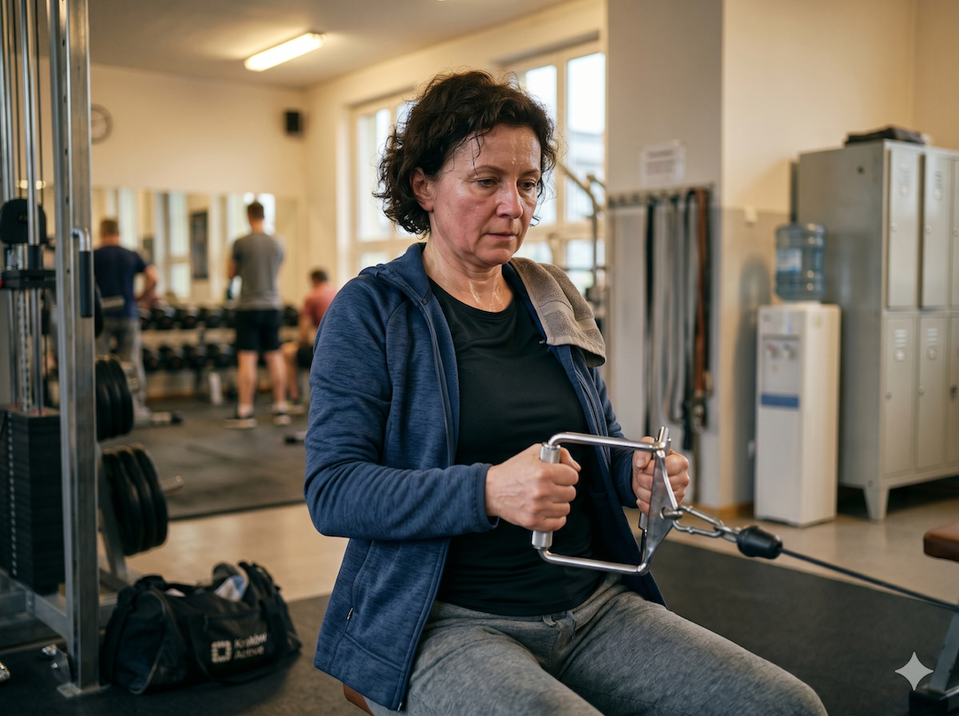 Polska kobieta po 50-tce ćwiczy na lince w siłowni — wygląda zmęczona ale jest. To jest tydzień trzeci