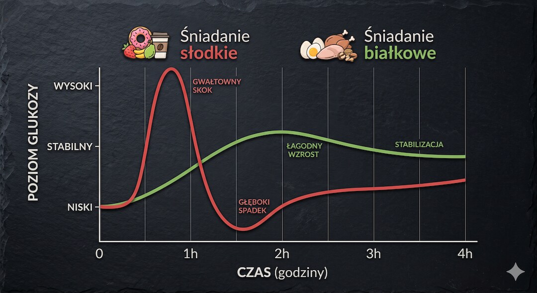Porównanie krzywej glukozy po śniadaniu węglowodanowym i białkowo-tłuszczowym – wykres infograficzny