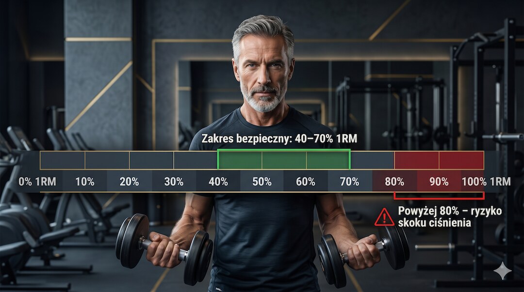 Mężczyzna z hantlami na tle skali 1RM z zaznaczoną zieloną strefą bezpieczeństwa 40–70% i czerwonym polem ryzyka powyżej 80%