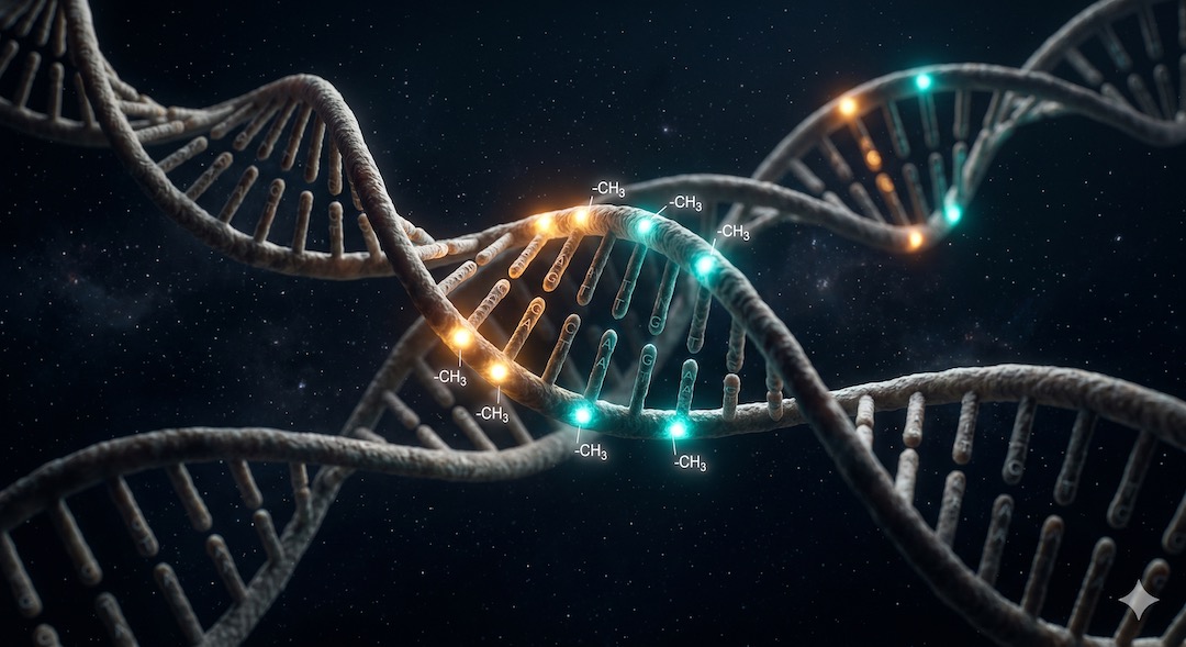 Podwójna helisa DNA z kolorowymi znacznikami metylacyjnymi na czarnym tle – wizualizacja zegara epigenetycznego